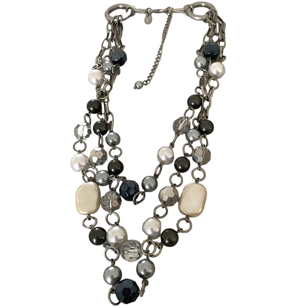 Lia Sophia beaded multi strand chain necklace tiered silver black - Picture 3 of 8